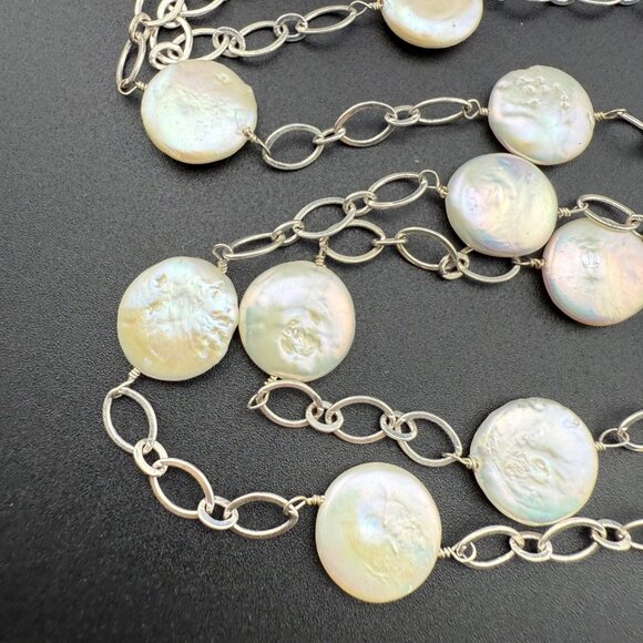 Coin Pearl Necklace Single Strand With Silver-Tone Chain Elegant - Picture 8 of 11